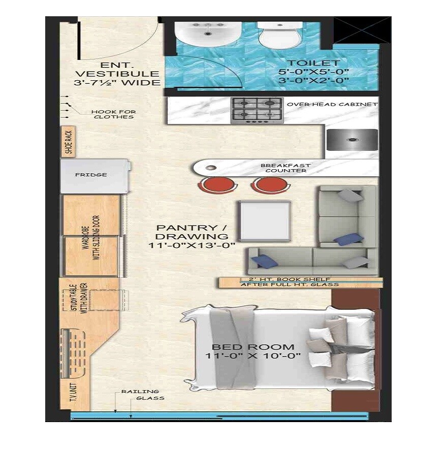 Floor plan of 1 BHK 308 Sq. Ft. Apartment in Upasana First Avenue, Jaipur