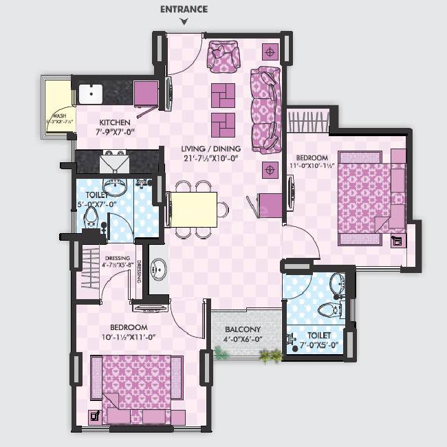 Floor plan of 2 BHK 968 Sq. Ft. Apartment in Upasna Sagar Vedas, Jaipur