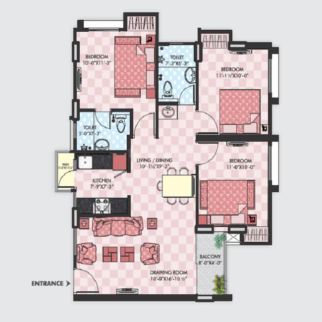 Floor plan of 3 BHK 1272 Sq. Ft. Apartment in Upasna Sagar Vedas, Jaipur