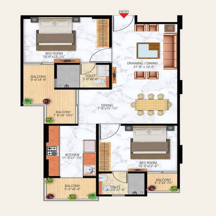 Floor plan of 2 BHK 709 Sq. Ft. Apartment in Uttam Heights, Jaipur