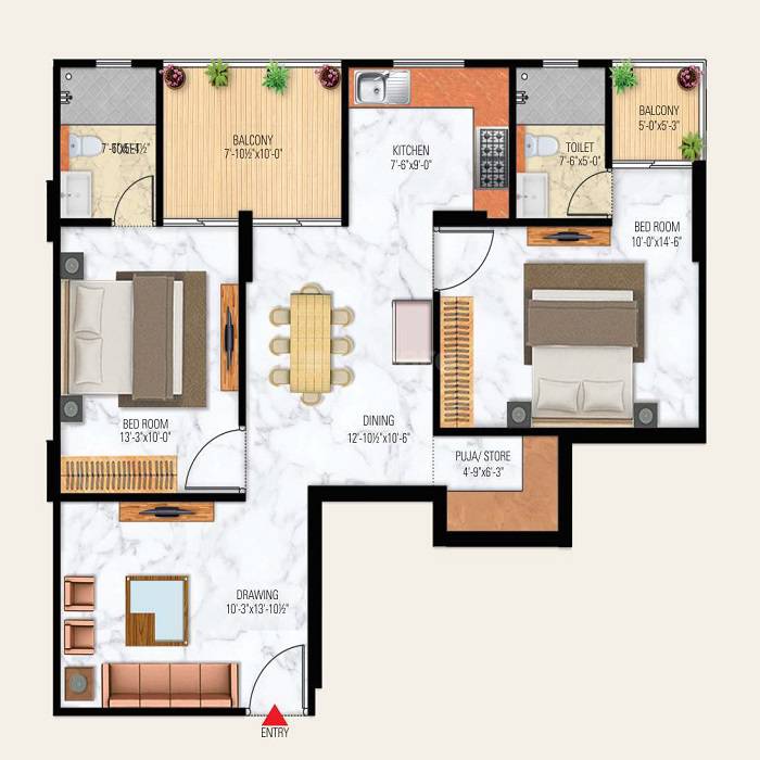 Floor plan of 2 BHK 791 Sq. Ft. Apartment in Uttam Heights, Jaipur
