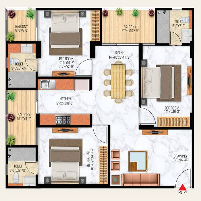 Floor plan of 3 BHK 1019 Sq. Ft. Apartment in Uttam Heights, Jaipur