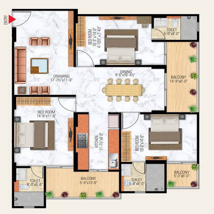 Floor plan of 3 BHK 1095 Sq. Ft. Apartment in Uttam Heights, Jaipur