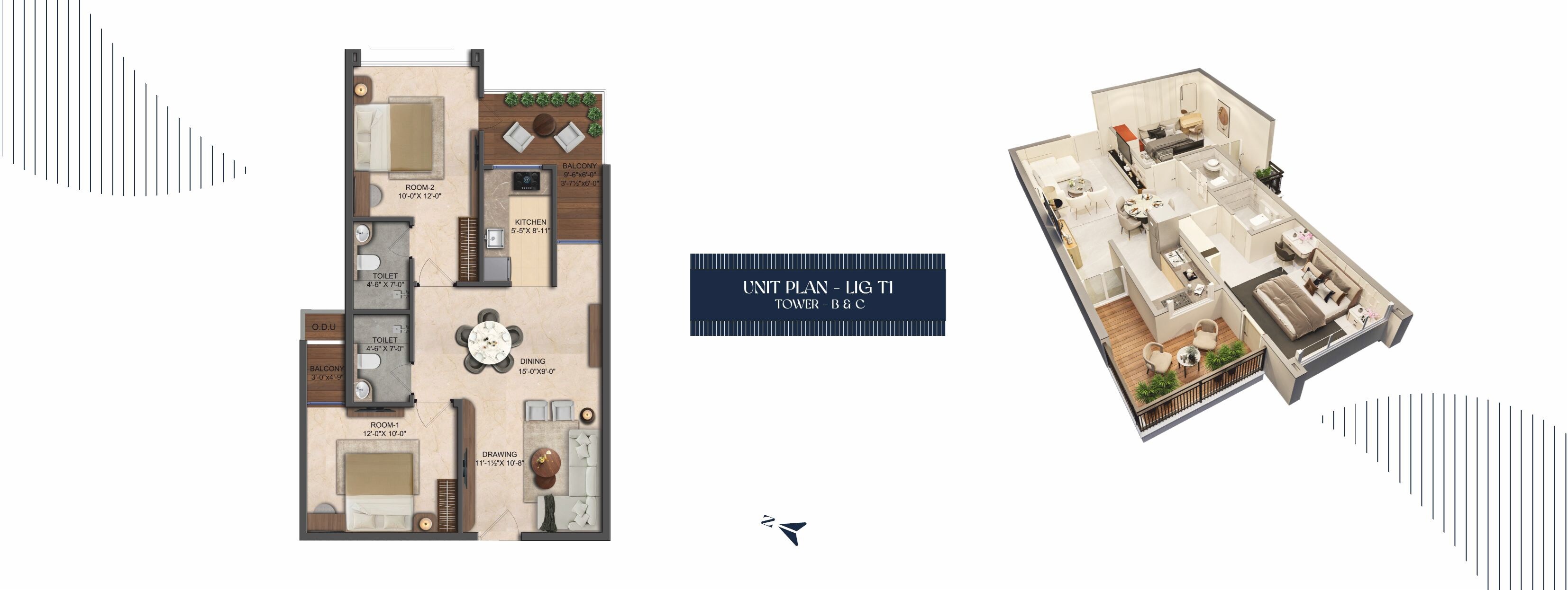 Floor plan of 2 BHK 1048 Sq. Ft. Apartment in V Park, Jaipur