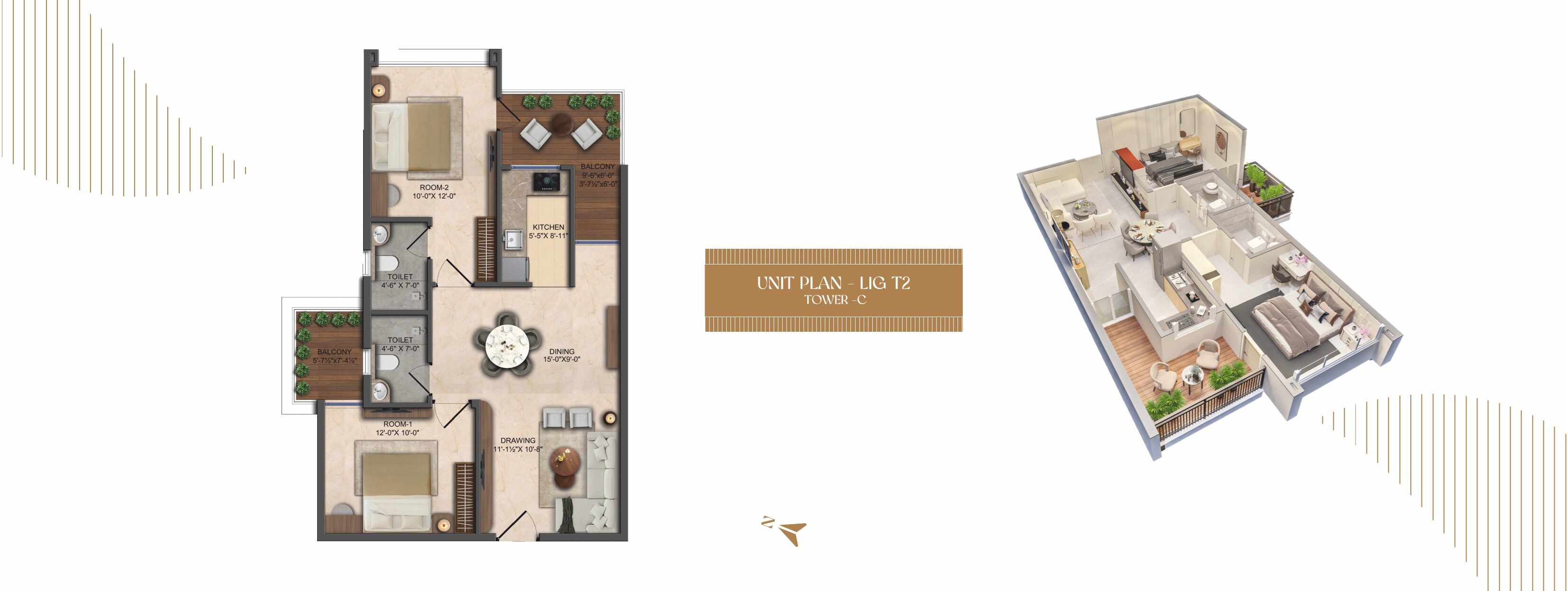 Floor plan of 2 BHK 1071 Sq. Ft. Apartment in V Park, Jaipur
