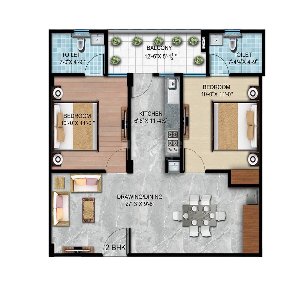 Floor plan of 2 BHK 639 Sq. Ft. Apartment in Vardhaman Aroha, Jaipur