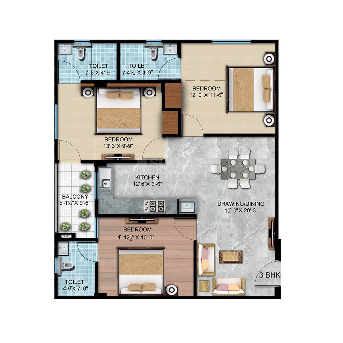 Floor plan of 3 BHK 825 Sq. Ft. Apartment in Vardhaman Aroha, Jaipur