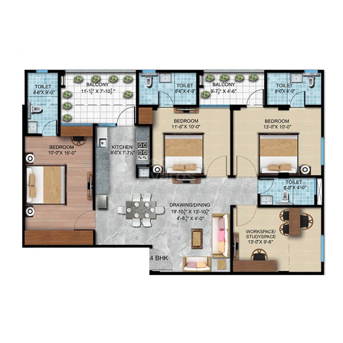 Floor plan of 4 BHK 1040 Sq. Ft. Apartment in Vardhaman Aroha, Jaipur