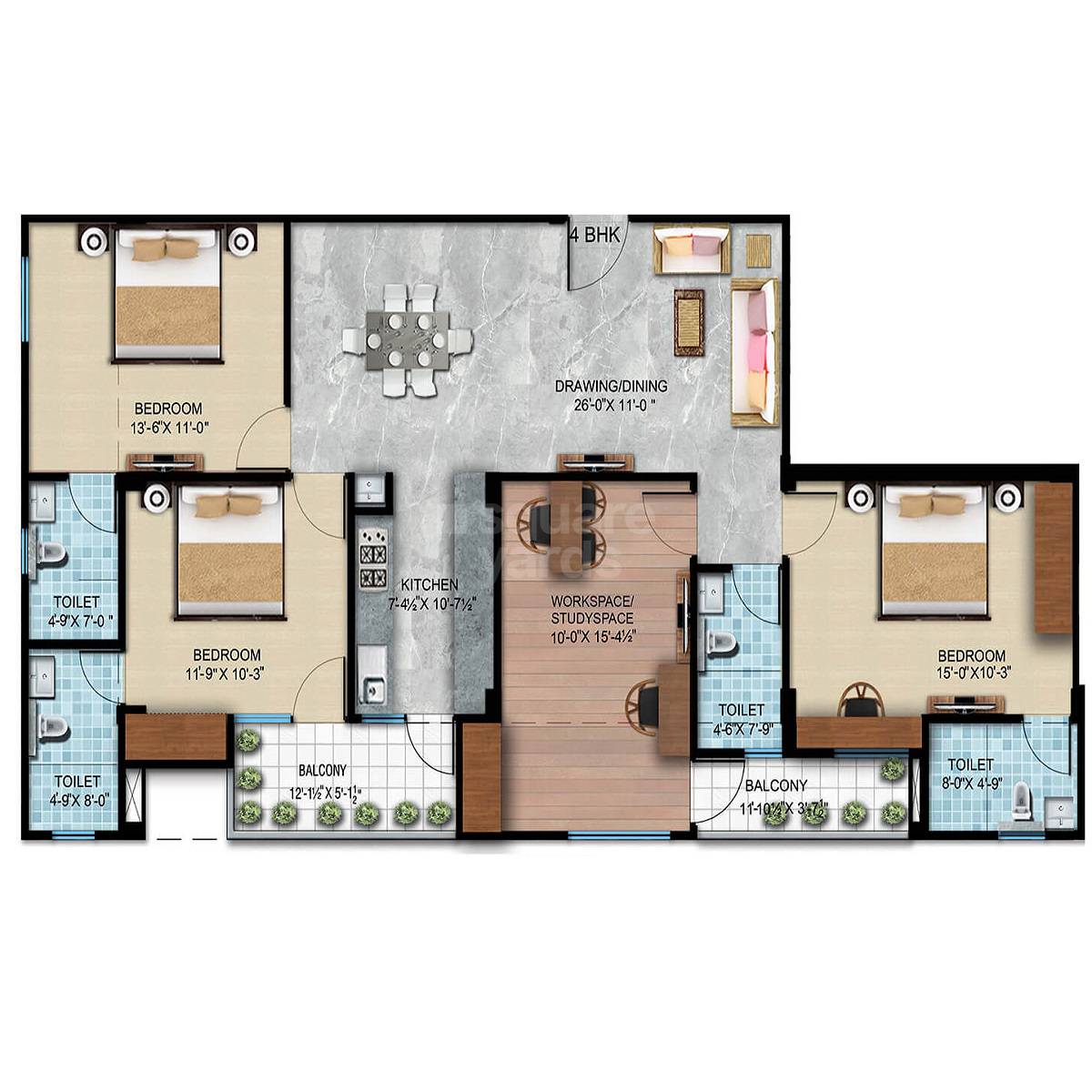 Floor plan of 4 BHK 1168 Sq. Ft. Apartment in Vardhaman Aroha, Jaipur