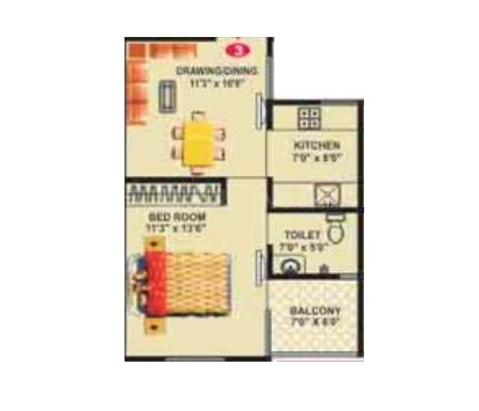 Floor plan of 1 BHK Apartment - 590 sq. ft. in Vardhman Aspire, Jaipur