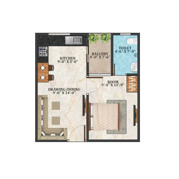 Floor plan of 1 BHK 446 Sq. Ft. Apartment in Vardhman Empire Estate, Jaipur