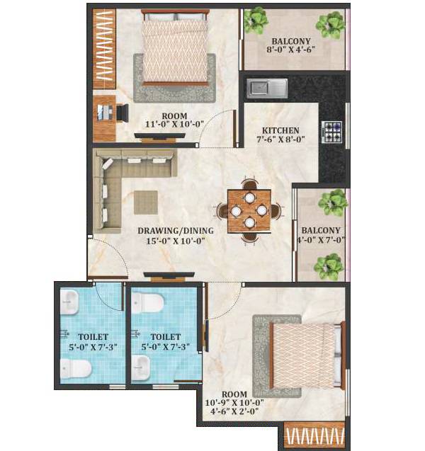 2 BHK 737 Sq. Ft. Apartment