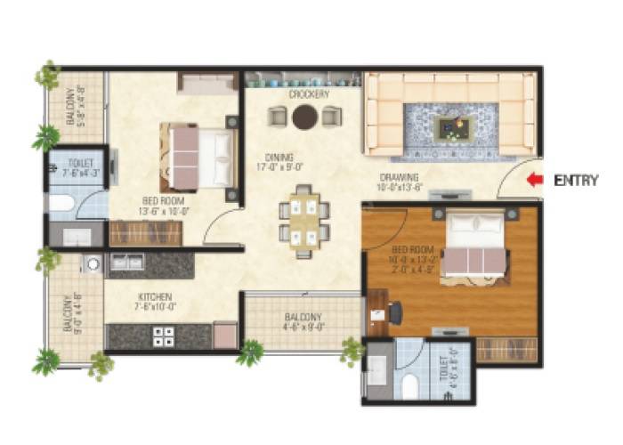Floor plan of 2 BHK 1190 Sq. Ft. Apartment in Vardhman Kings Court, Jaipur