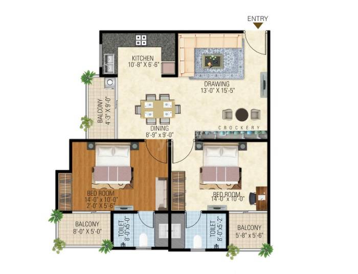 Floor plan of 2 BHK 1205 Sq. Ft. Apartment in Vardhman Kings Court, Jaipur