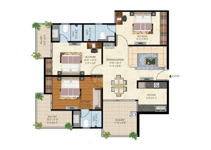 Floor plan of 3 BHK 1475 Sq. Ft. Apartment in Vardhman Kings Court, Jaipur