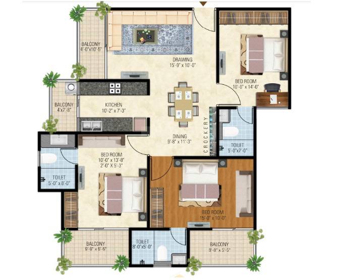 Floor plan of 3 BHK 1734 Sq. Ft. Apartment in Vardhman Kings Court, Jaipur