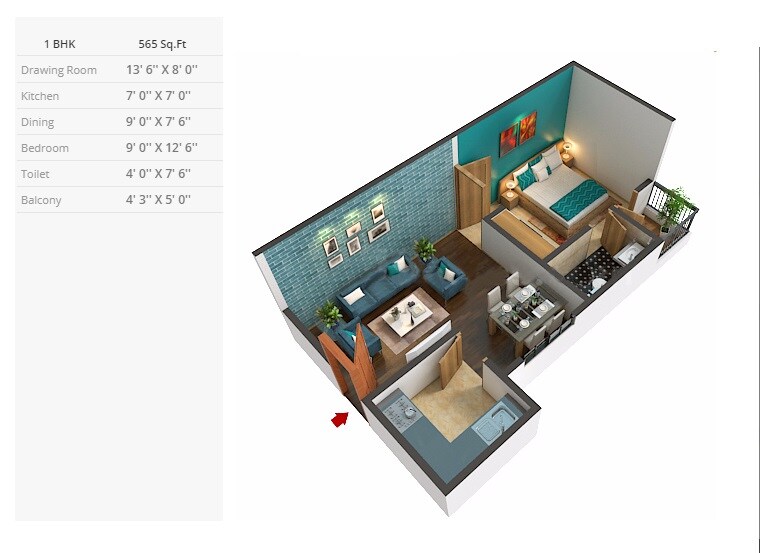 Floor plan of 1 BHK 565 Sq. Ft. Apartment in Vardhman Sampada, Jaipur