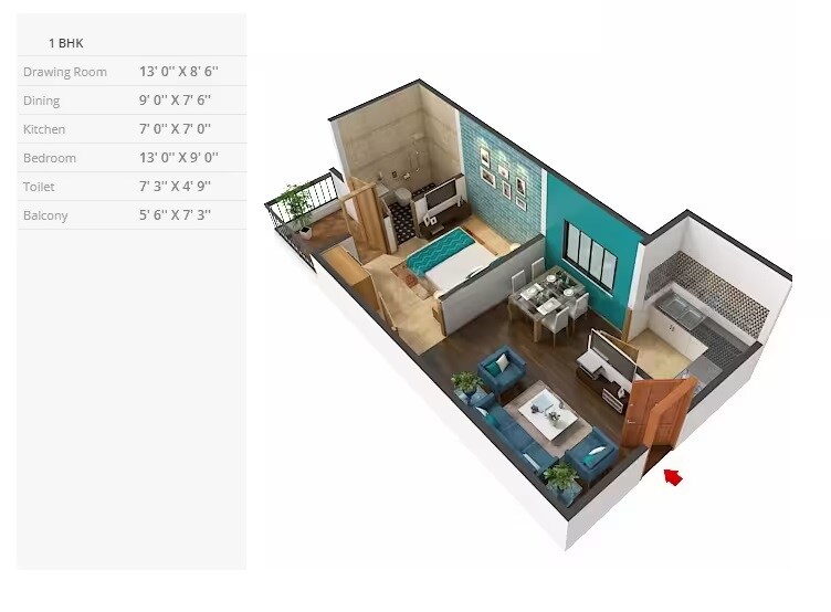 Floor plan of 1 BHK 670 Sq. Ft. Apartment in Vardhman Sampada, Jaipur