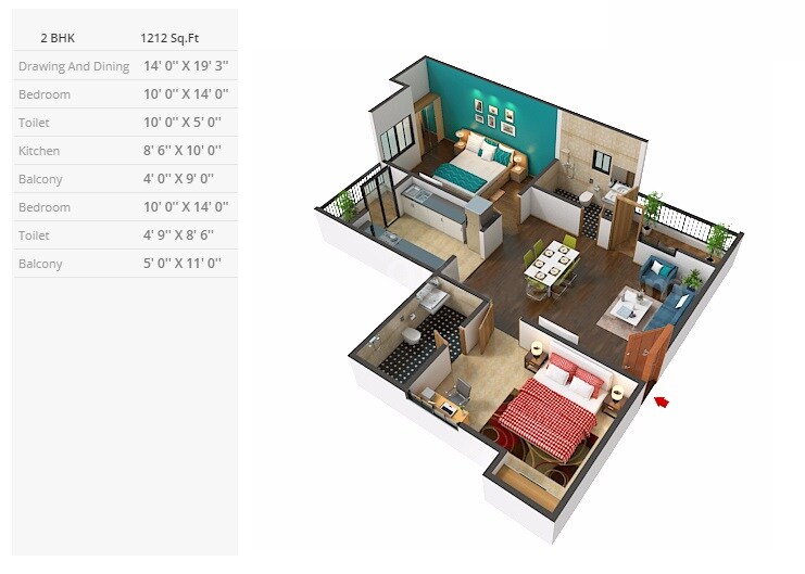 Floor plan of 2 BHK 1212 Sq. Ft. Apartment in Vardhman Sampada, Jaipur