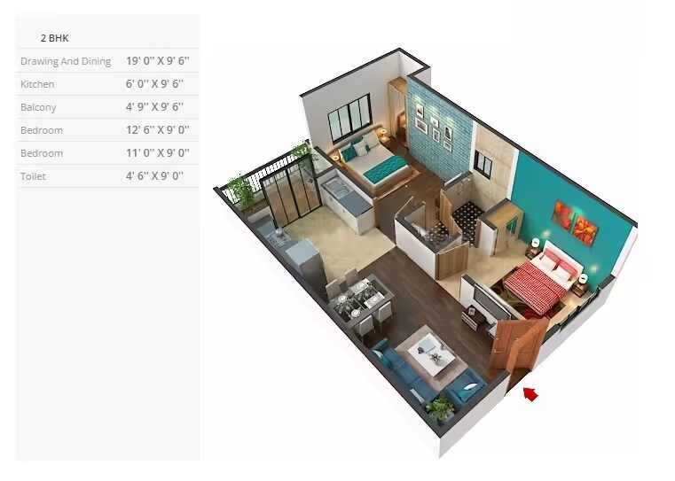Floor plan of 2 BHK 760 Sq. Ft. Apartment in Vardhman Sampada, Jaipur
