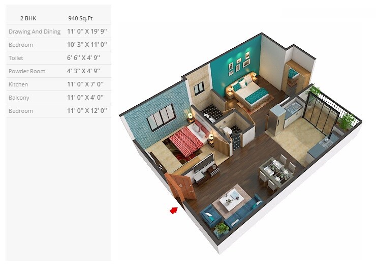 Floor plan of 2 BHK 940 Sq. Ft. Apartment in Vardhman Sampada, Jaipur
