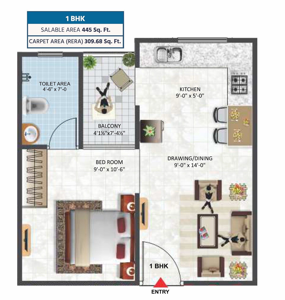 Floor plan of 1 BHK 445 Sq. Ft. Apartment in Vardhman Swapnlok, Jaipur