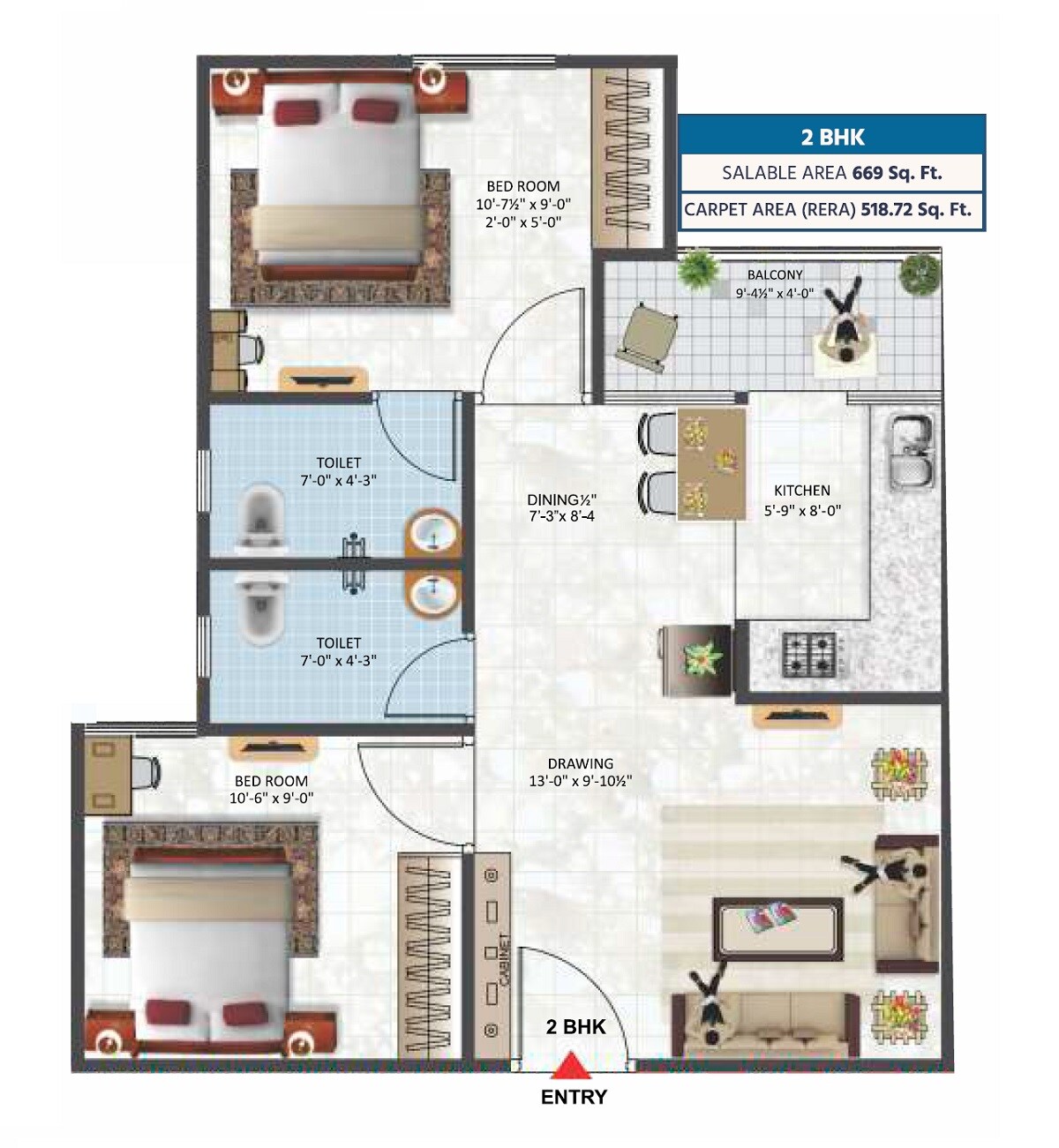 Floor plan of 2 BHK 669 Sq. Ft. Apartment in Vardhman Swapnlok, Jaipur