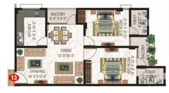 Floor plan of 2 BHK 1062 Sq. Ft. Apartment in Vardhman The Horizon, Jaipur