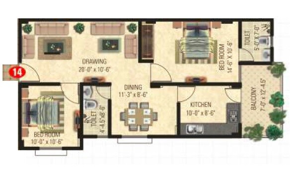 Floor plan of 2 BHK 1128 Sq. Ft. Apartment in Vardhman The Horizon, Jaipur