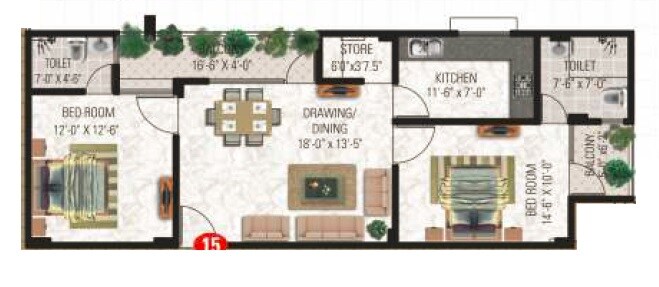 Floor plan of 2 BHK 1156 Sq. Ft. Apartment in Vardhman The Horizon, Jaipur