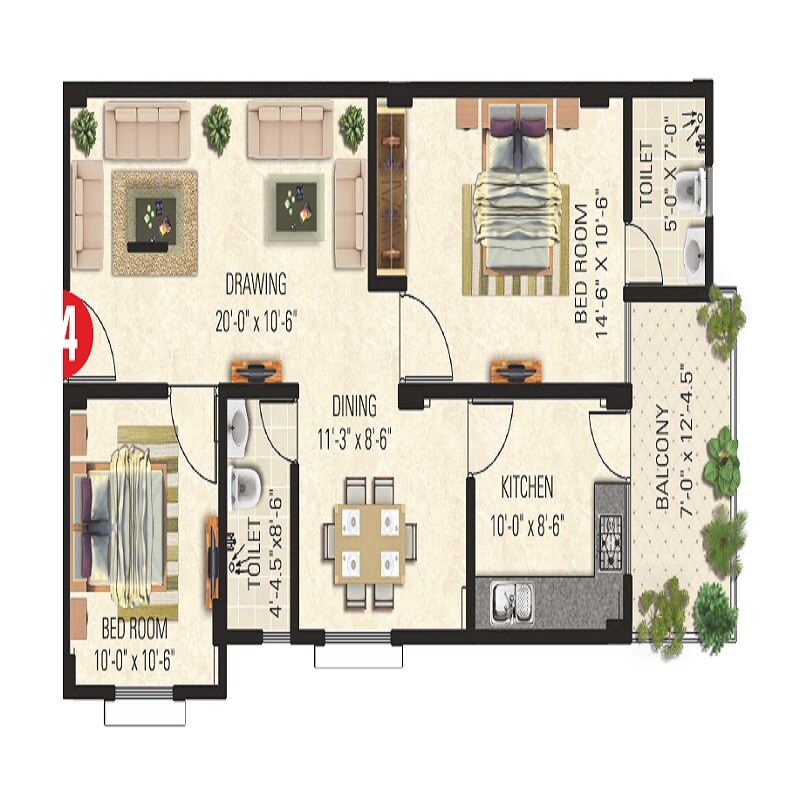 Floor plan of 2 BHK 1194 Sq. Ft. Apartment in Vardhman The Horizon, Jaipur