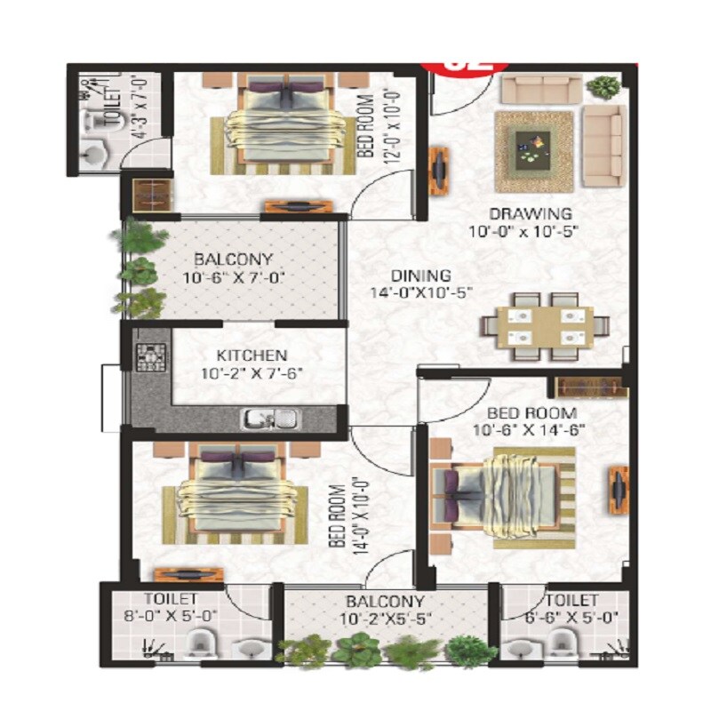 Floor plan of 3 BHK 1420 Sq. Ft. Apartment in Vardhman The Horizon, Jaipur