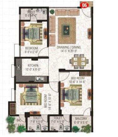 Floor plan of 3 BHK 1490 Sq. Ft. Apartment in Vardhman The Horizon, Jaipur