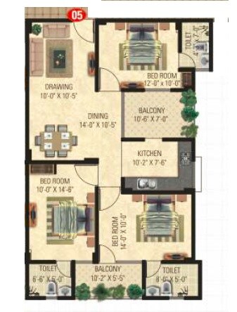 Floor plan of 3 BHK 1506 Sq. Ft. Apartment in Vardhman The Horizon, Jaipur