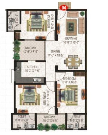 Floor plan of 3 BHK 1525 Sq. Ft. Apartment in Vardhman The Horizon, Jaipur