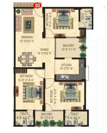 Floor plan of 3 BHK 1535 Sq. Ft. Apartment in Vardhman The Horizon, Jaipur