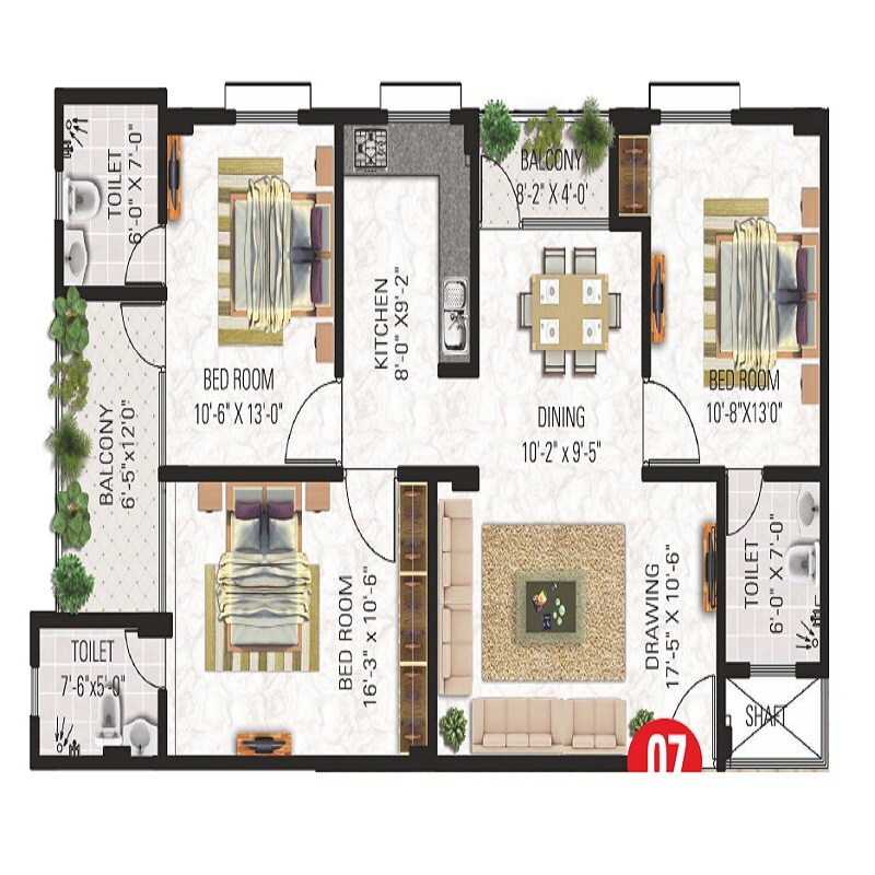 Floor plan of 3 BHK 1545 Sq. Ft. Apartment in Vardhman The Horizon, Jaipur