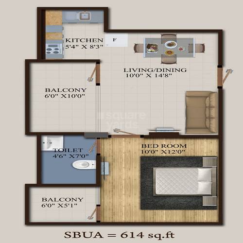 Floor plan of 1 BHK 614 Sq. Ft. Apartment in Veritas Azuro, Jaipur