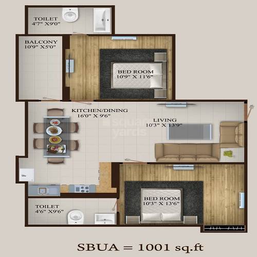Floor plan of 2 BHK 1001 Sq. Ft. Apartment in Veritas Azuro, Jaipur