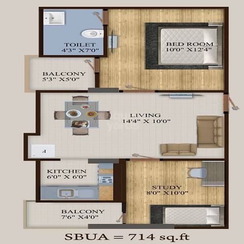 Floor plan of 2 BHK 714 Sq. Ft. Apartment in Veritas Azuro, Jaipur