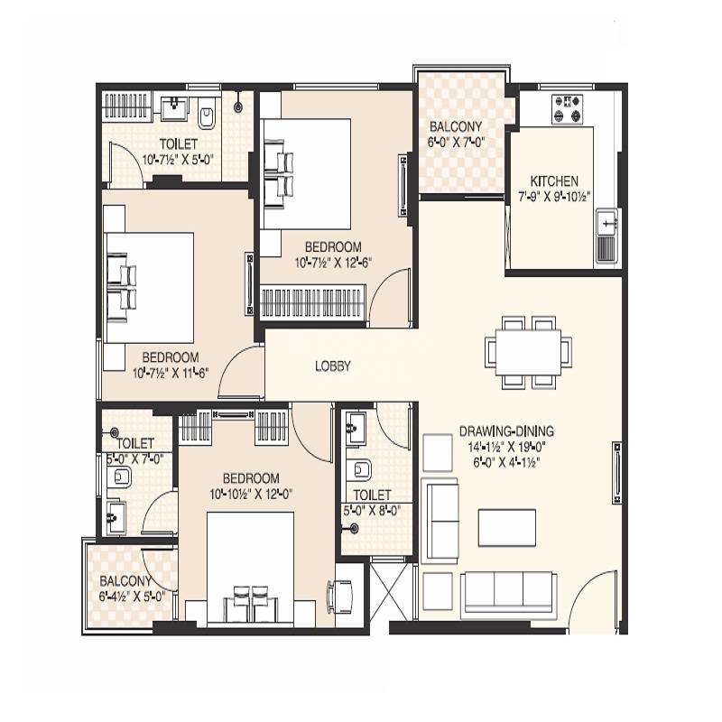 Floor plan of 3 BHK 1460 Sq. Ft. Apartment in Veto Verve, Jaipur