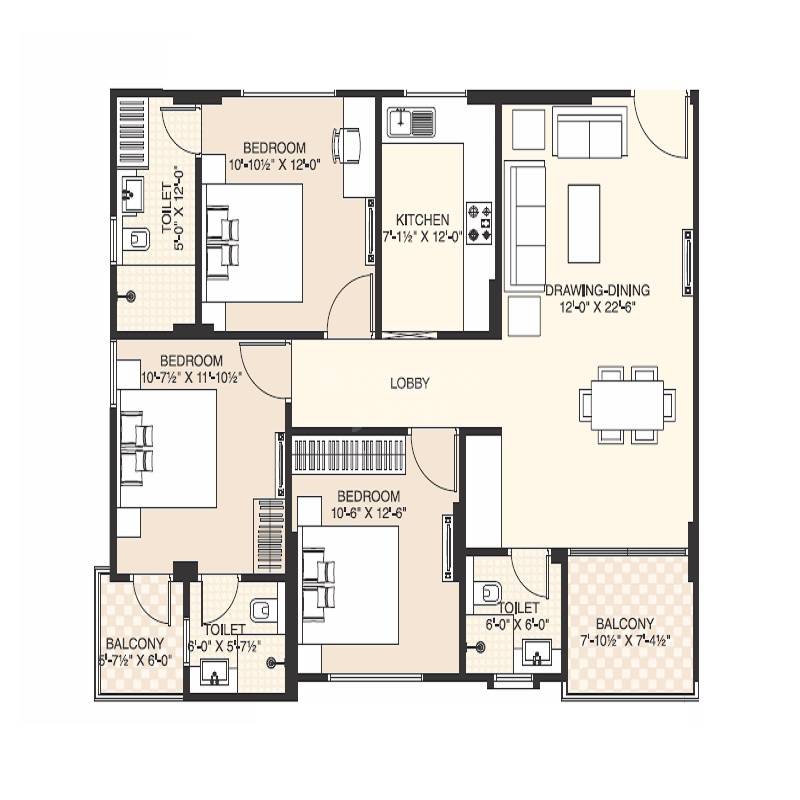 Floor plan of 3 BHK 1500 Sq. Ft. Apartment in Veto Verve, Jaipur