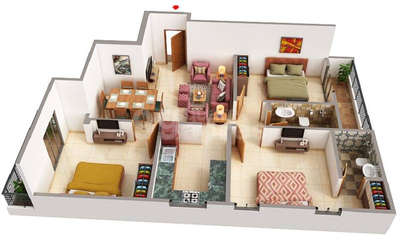 Floor plan of 3 BHK 1029 Sq. Ft. Apartment in Vikas Heights Gokulpura, Jaipur
