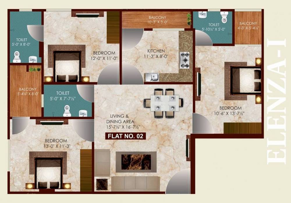 Floor plan of 3 BHK 881 Sq. Ft. Apartment in Vinayak Elenza, Jaipur