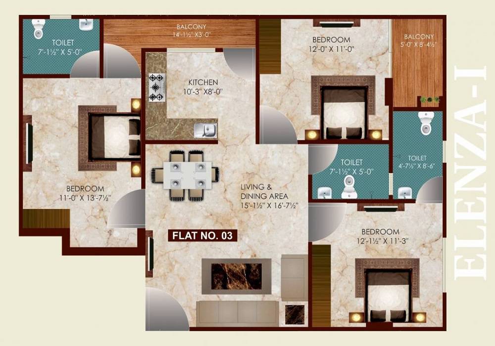 Floor plan of 3 BHK 982 Sq. Ft. Apartment in Vinayak Elenza, Jaipur