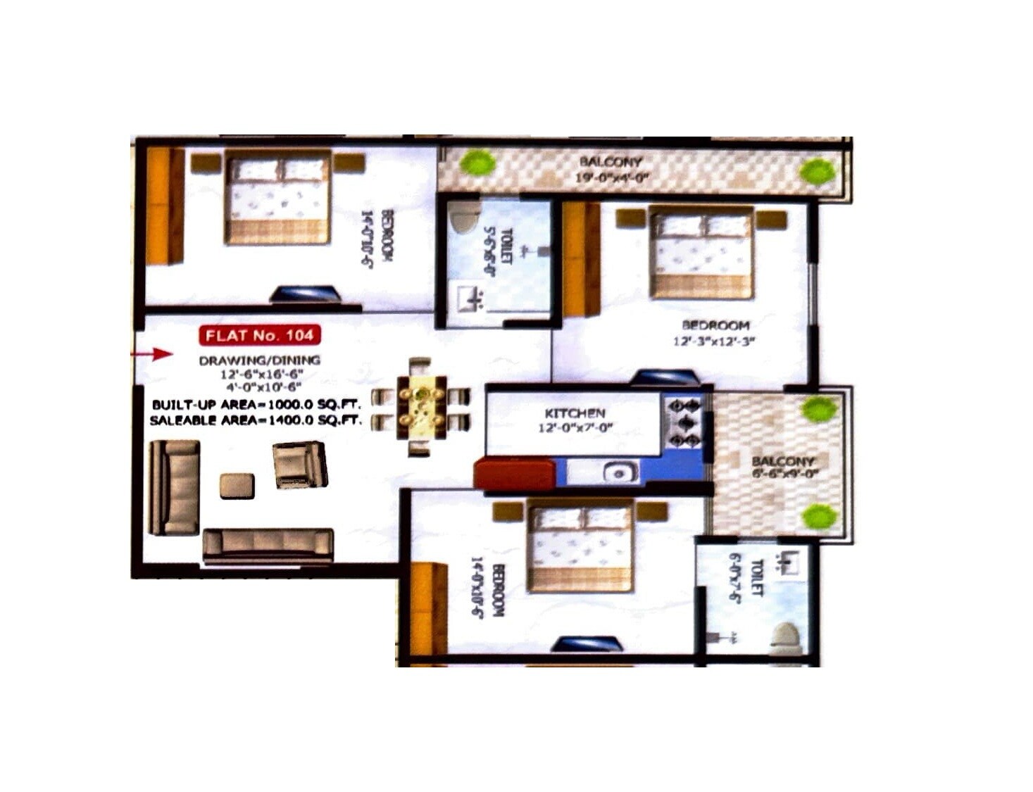 Floor plan of 3 BHK 1400 Sq. Ft. Apartment in Vinayak Residency, Jaipur