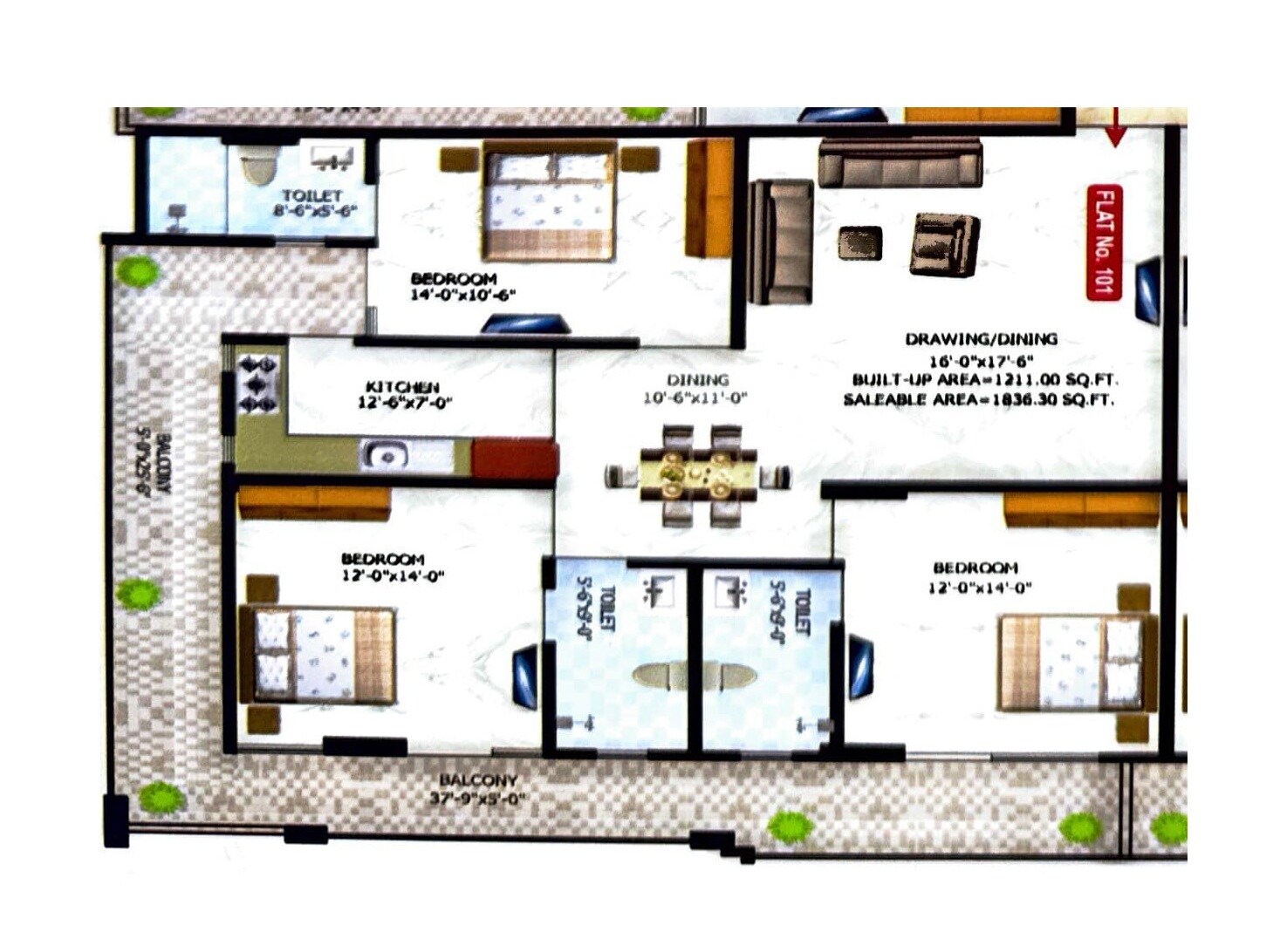 Floor plan of 3 BHK 1836 Sq. Ft. Apartment in Vinayak Residency, Jaipur
