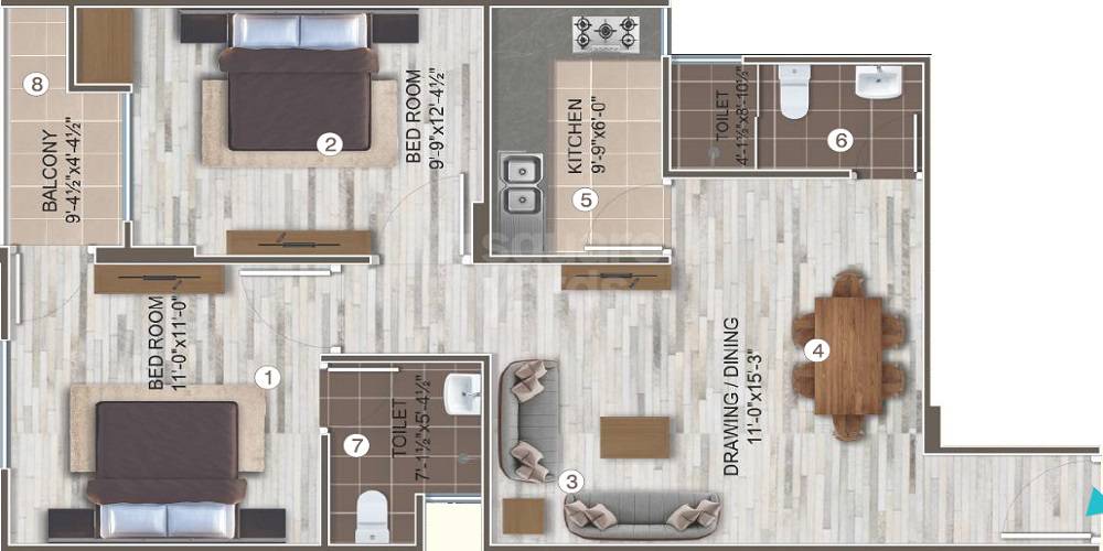 2 BHK 622 Sq. Ft. Apartment