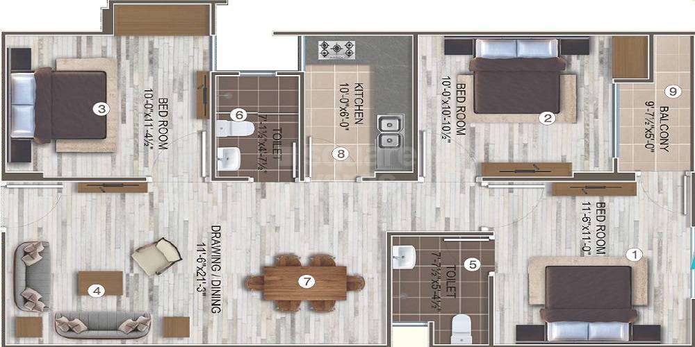 Floor plan of 3 BHK 701 Sq. Ft. Apartment in Vinayak Residency Manyawas, Jaipur