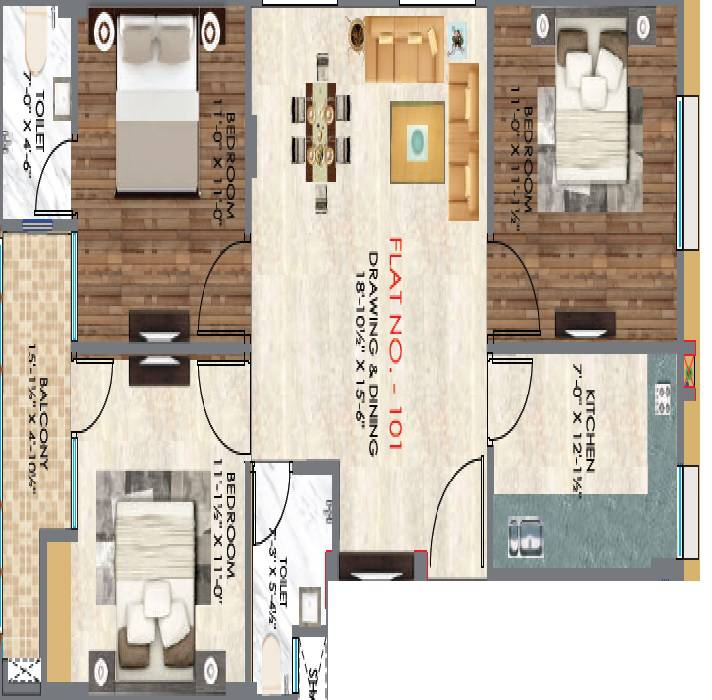 Floor plan of 3 BHK 709 Sq. Ft. Apartment in Vinayak RR Heights, Jaipur
